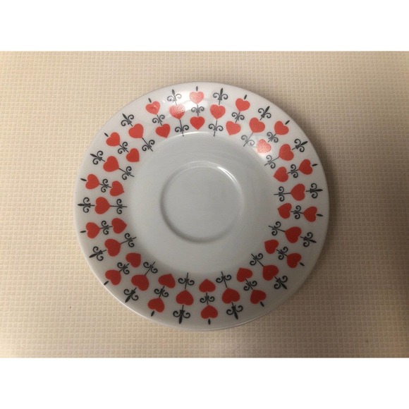 Retro Tea Cup and Saucer Set Fleur De Lis Relpo White with Red Hearts Black - Picture 8 of 9